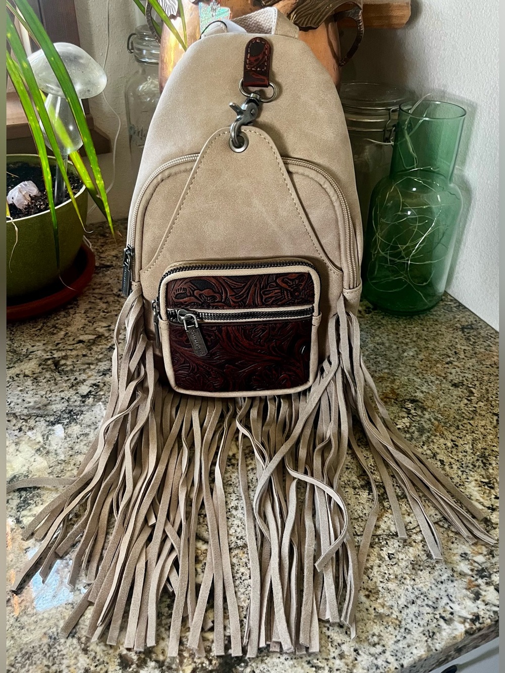 Montana West Tooled Fringe Sling Bag in Tan